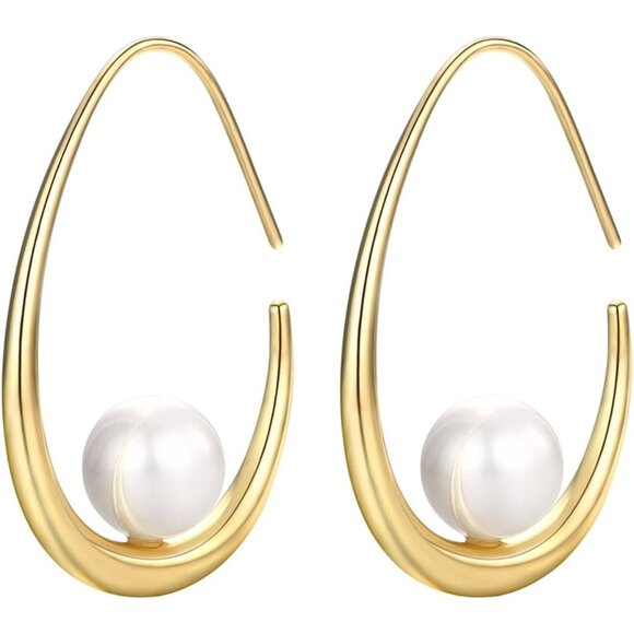 ✨Funfmm Women Gold Plated Lightweight Pearl Trendy Teardrop Hoop Earring Jewelry - Picture 1 of 7